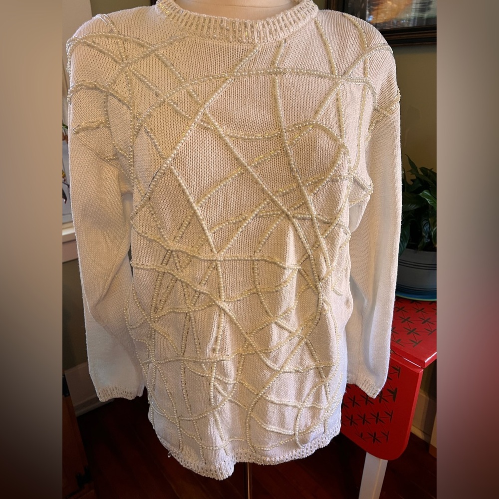 Elegant White Sweater with Beaded Design
